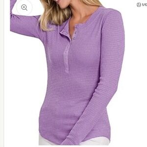WHOLESALE lot of 7 ZENANA Womens Lavender Waffle Long Sleeve Henley S M L XL